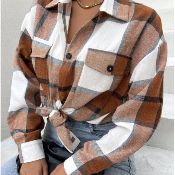 Boyfriend Plaid Flap Pocket Drop Shoulder Shacket - Picture 5 of 11